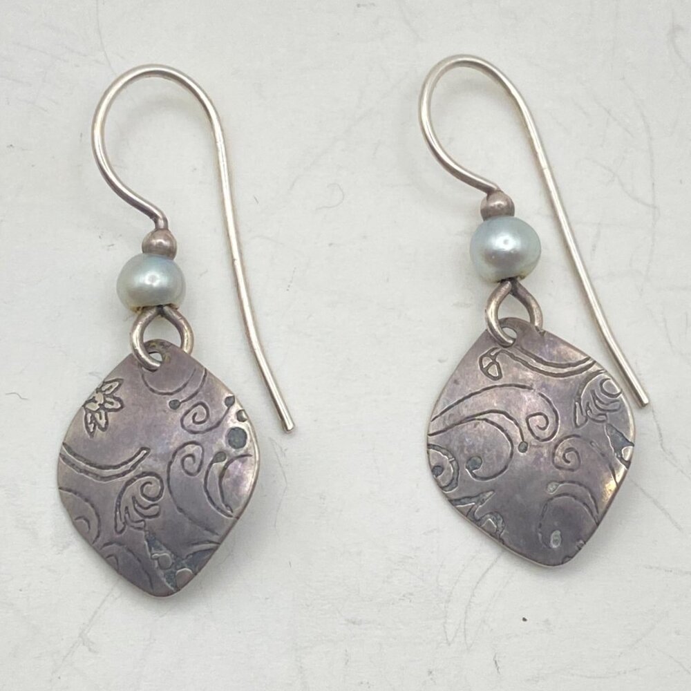 Tested Sterling Silver Earrings Freshwater Pearl Engraved Floral Boho Vtg Dangle